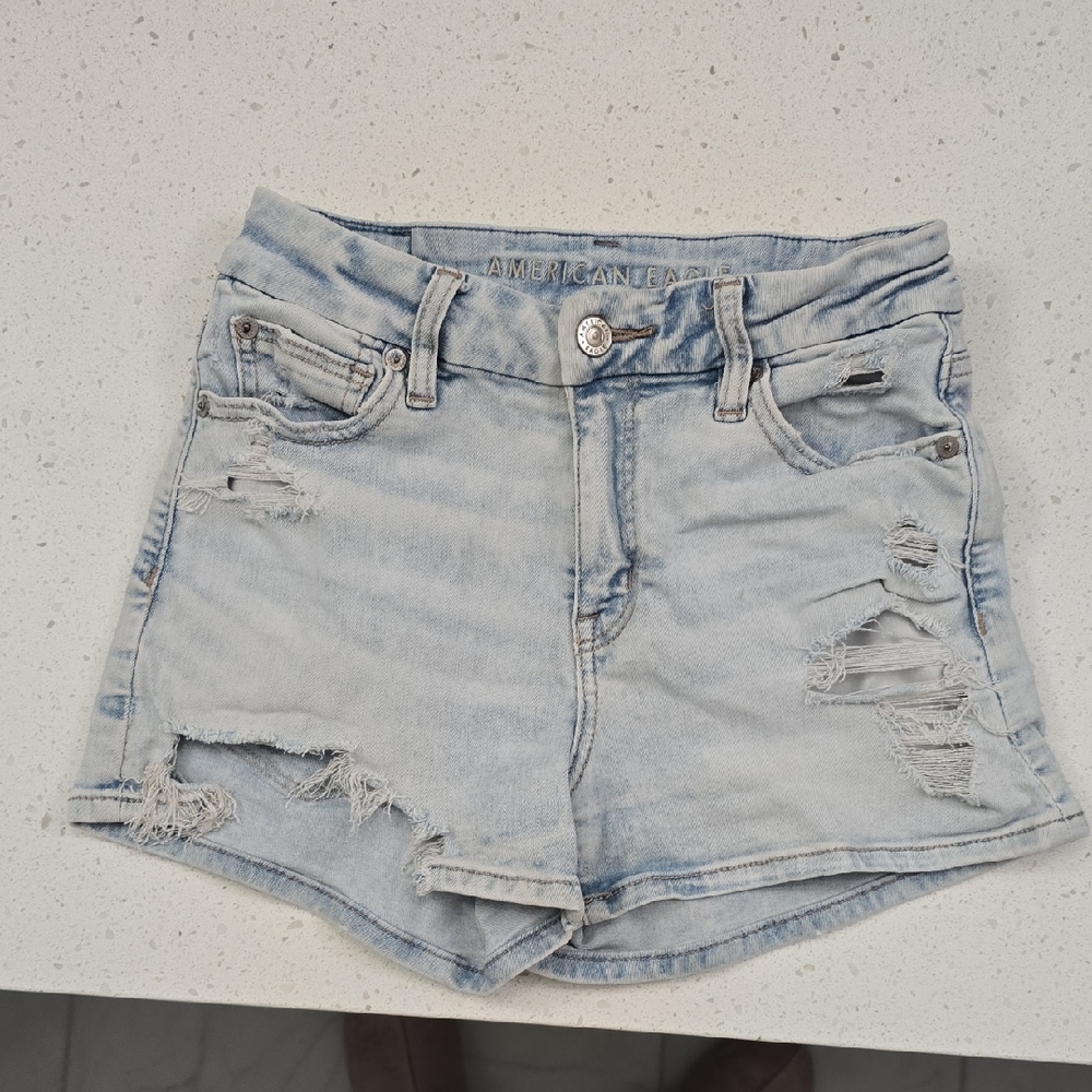American Eagle Outfitters Light Blue Ripped Jean Shorts NEXT level Stretch Size2